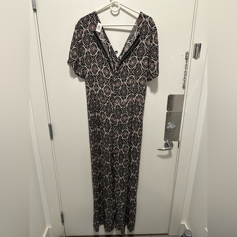 Boldly patterned jumpsuit.
